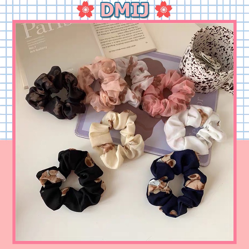 Cột tóc vải scrunchies họa tiết gấu dây buộc tóc scrunchies đáng yêu