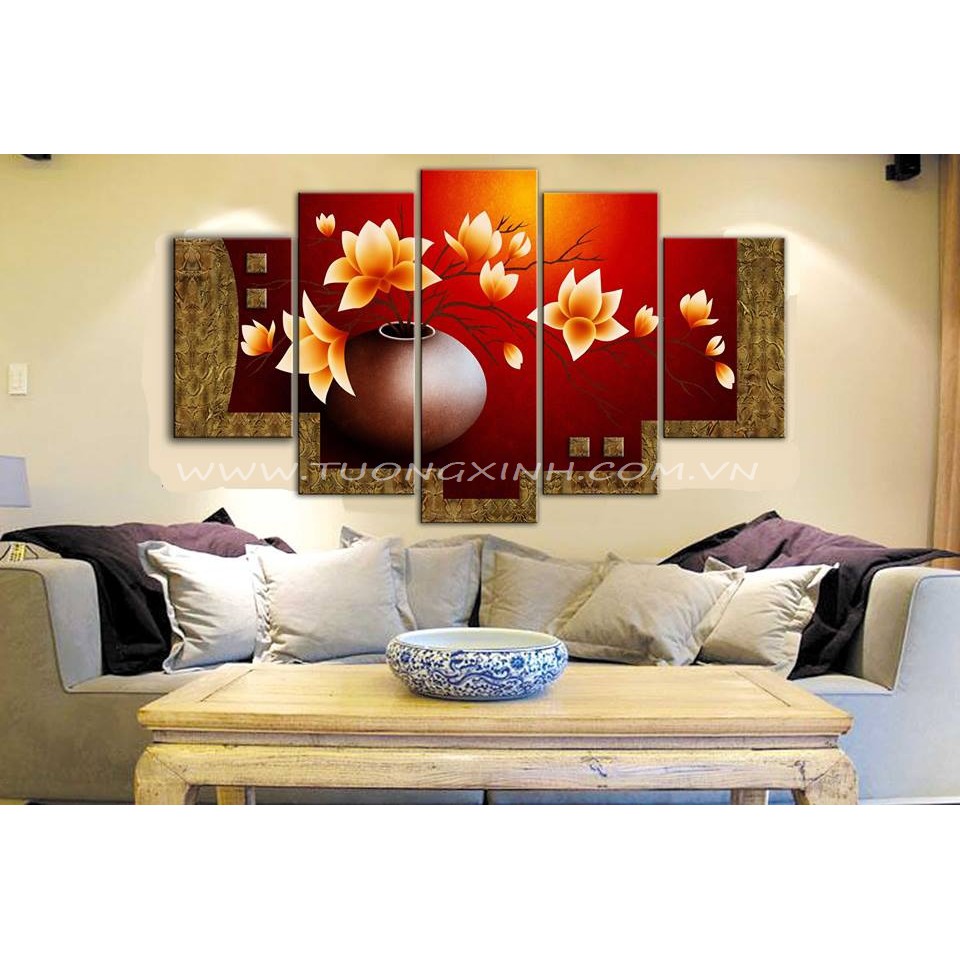 Tranh treo tường sau sofa phòng khách sang trọng bình hoa mộc lan TT0168 Tường Xinh