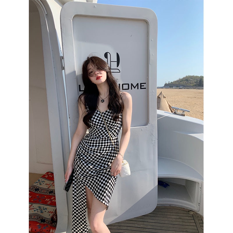 JSC Jiashucheng Đầm Dài Hai Dây Dáng Ôm Họa Tiết Kẻ Sọc Phong Cách Retro Mùa Hè Mới Cho Nữ