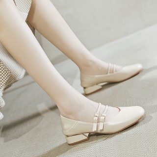 Giày Mary Jane Gót Cao 3 Phân Mũi Tròn Búp Bê Màu Trắng Be