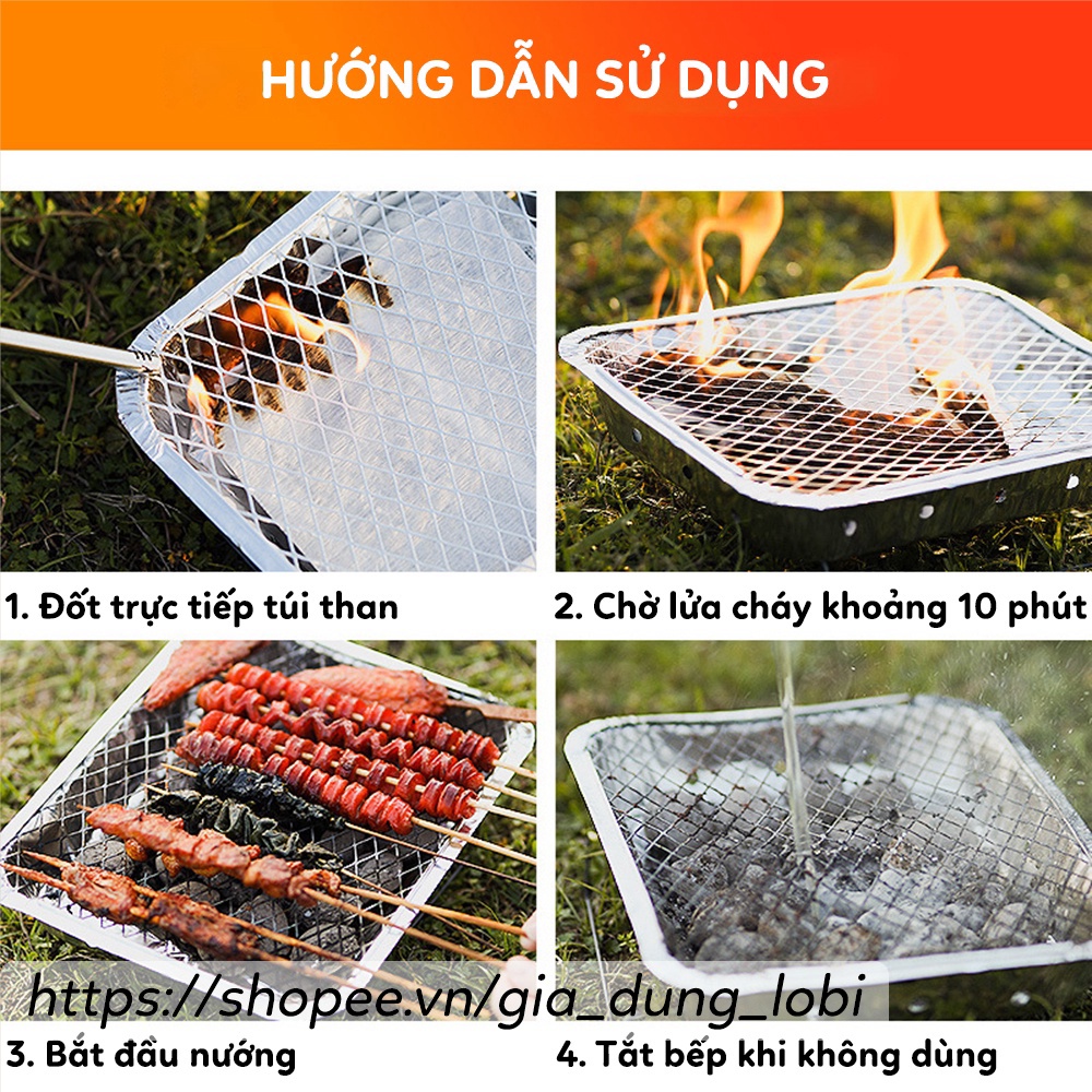 Bếp nướng than dùng 1 lần Vỉ nướng thịt BBQ du lich phượt dã ngoại picnic (đầy đủ phụ kiện đi kèm)