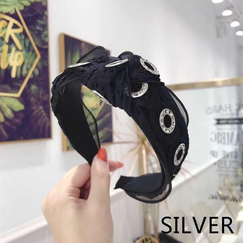 Korean New High-end Hollow Rhinestone Headband Bud Silk Yarn Knotted Wide-brimmed Woman Hair Band