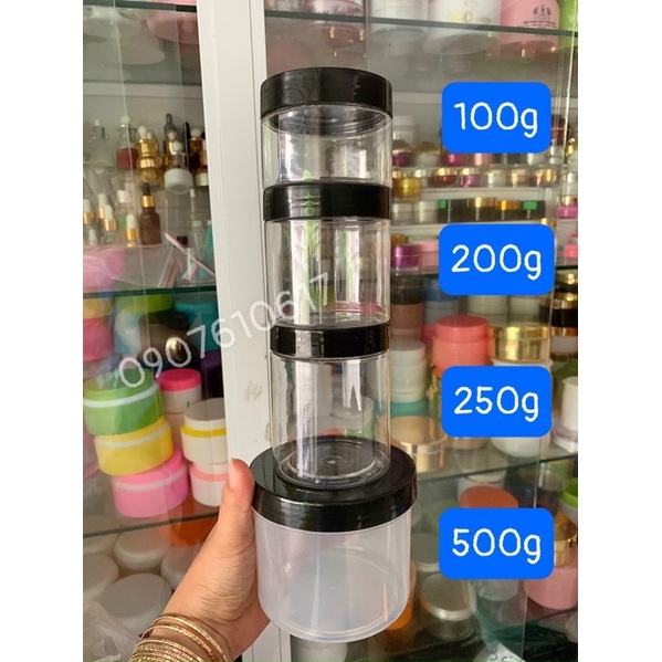 Hủ pet trong nắp đen các size 100g,200g,250g,500g
