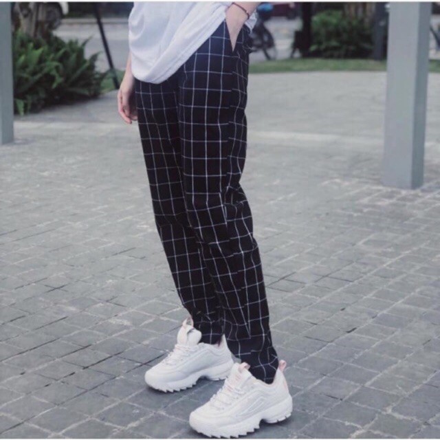 Quần jogger thun sọc caro đen Nam Nữ Unisex - quần baggy thun dài ống suông màu đen viền trắng