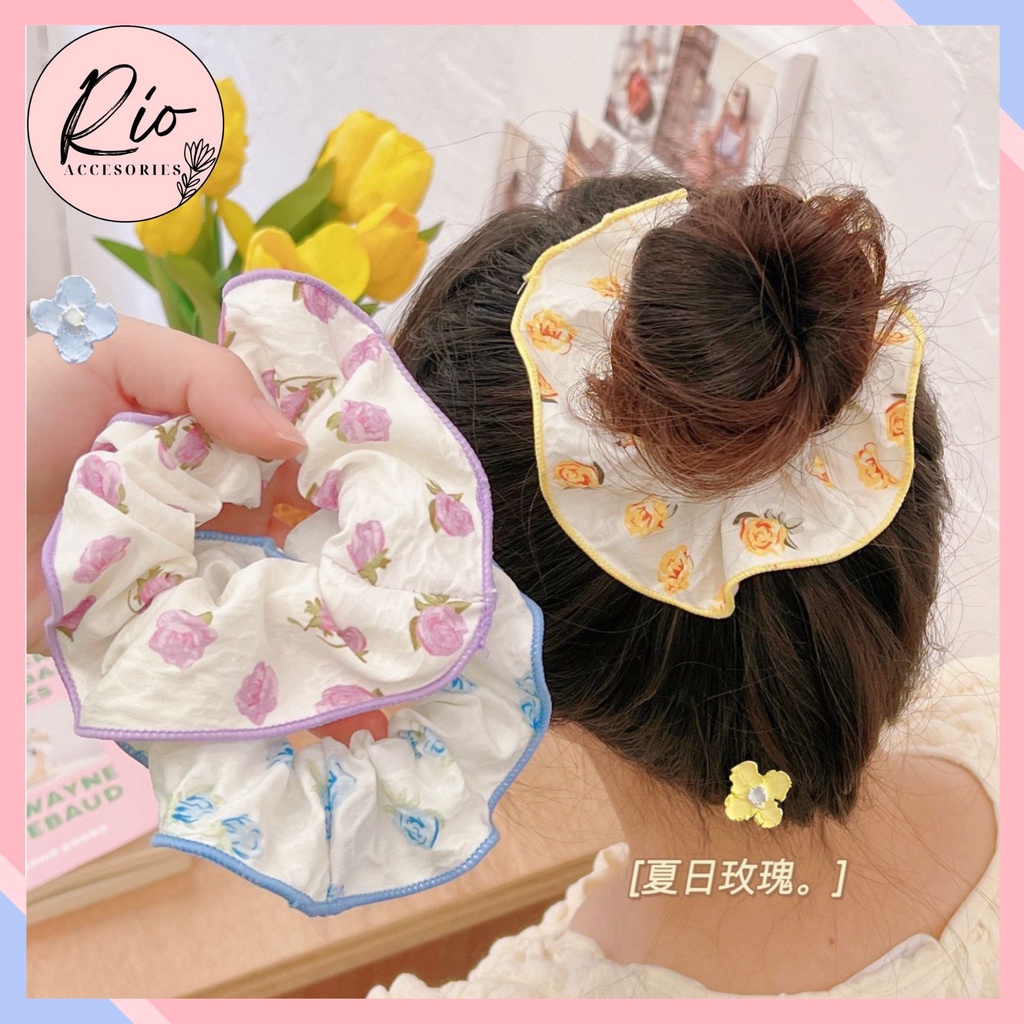 Dây cột tóc vải scrunchies hoa có viền phong cách Hàn Quốc siêu xinh DCV