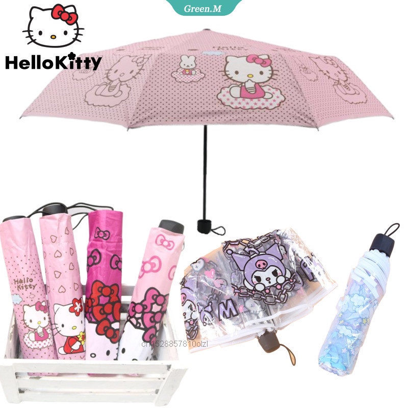 SANRIO Dù Vải Mini Tay Cầm Dài Gấp Được In Hình Hello Kitty Màu Hồng Dễ Thương Dùng Làm Quà Tặng Cho Bé Gái