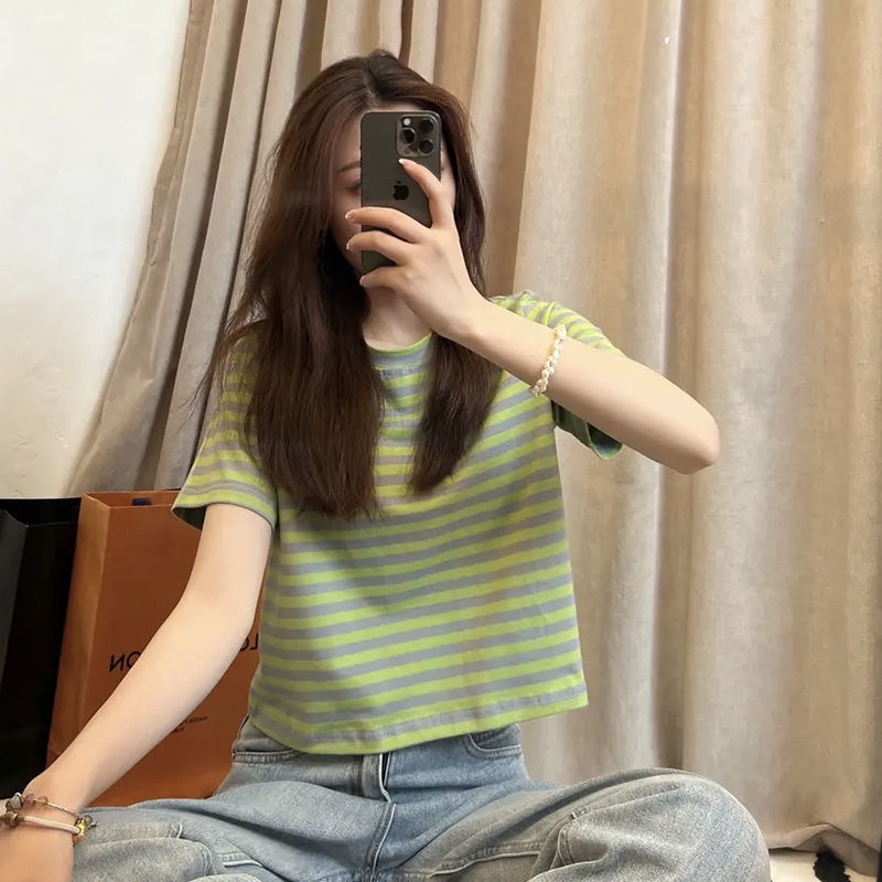 Áo Thun Cotton Cổ Tròn Ngắn Tay Họa Tiết Kẻ Sọc Thời Trang Mùa Hè Hàng Mới Cho Nữ
