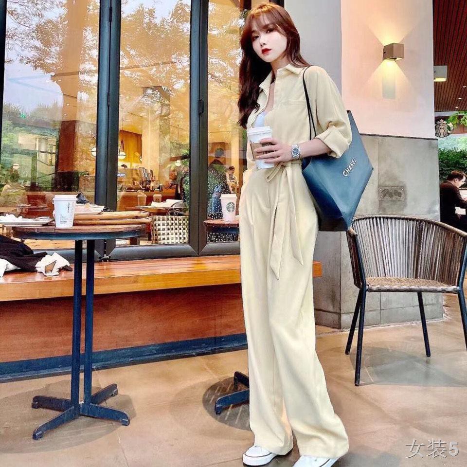 bộ thời trang [Summer Thin Style] Suit Jumpsuit lửng cạp cao lưng mỏng Quần ống rộng nữ lưới màu đỏ phiên bản Hàn Qu