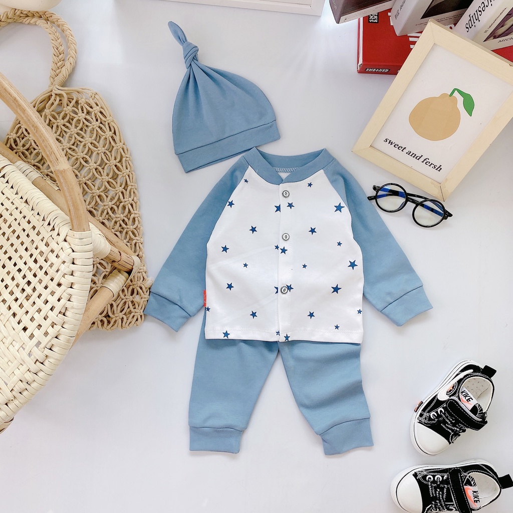 Bộ nỉ sơ sinh cho bé họa tiết kèm mũ thắt nút cực xinh cho bé trai, bé gái