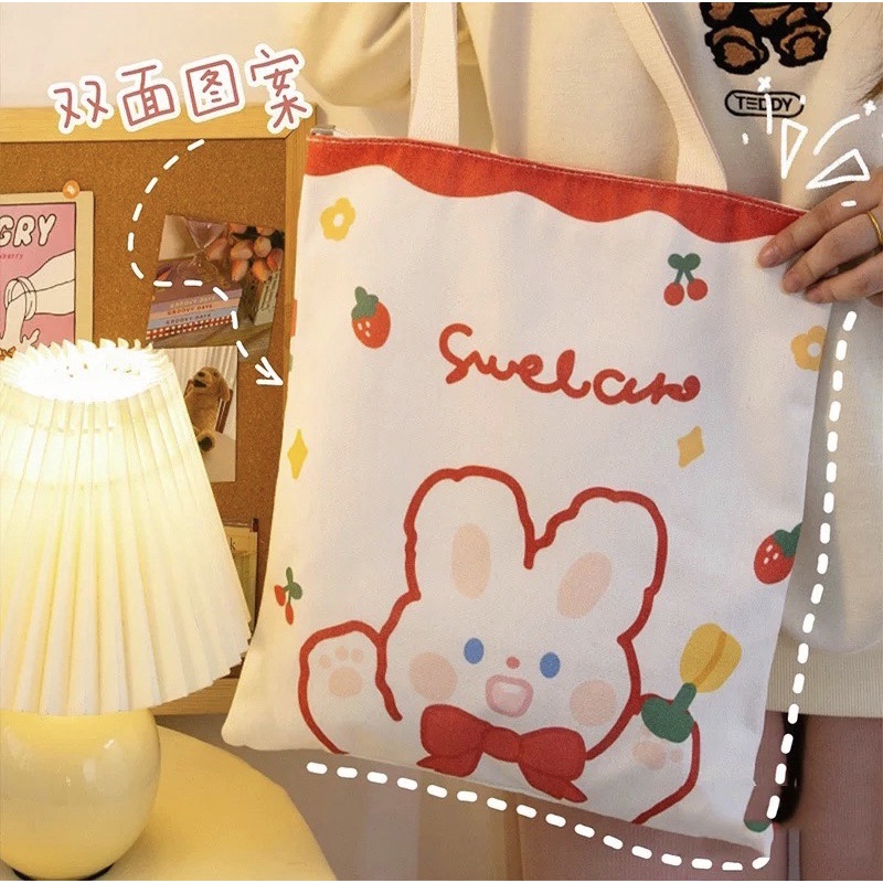 Túi tote vải hoạt hình dễ thương phong cách Hàn Quốc cỡ lớn đi học, đi làm, đi chơi, du lịch,...