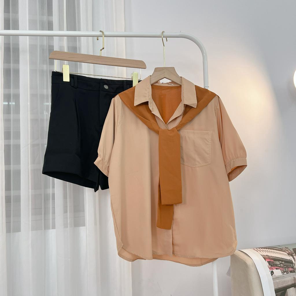 Áo Sơ Mi Nữ Màu Kèm Khăn Choàng Hàn Quốc Xinh Xắn Ngắn Tay, Sơ Mi Cột Nơ Tay Ngắn Phồng Freesize SUBICI