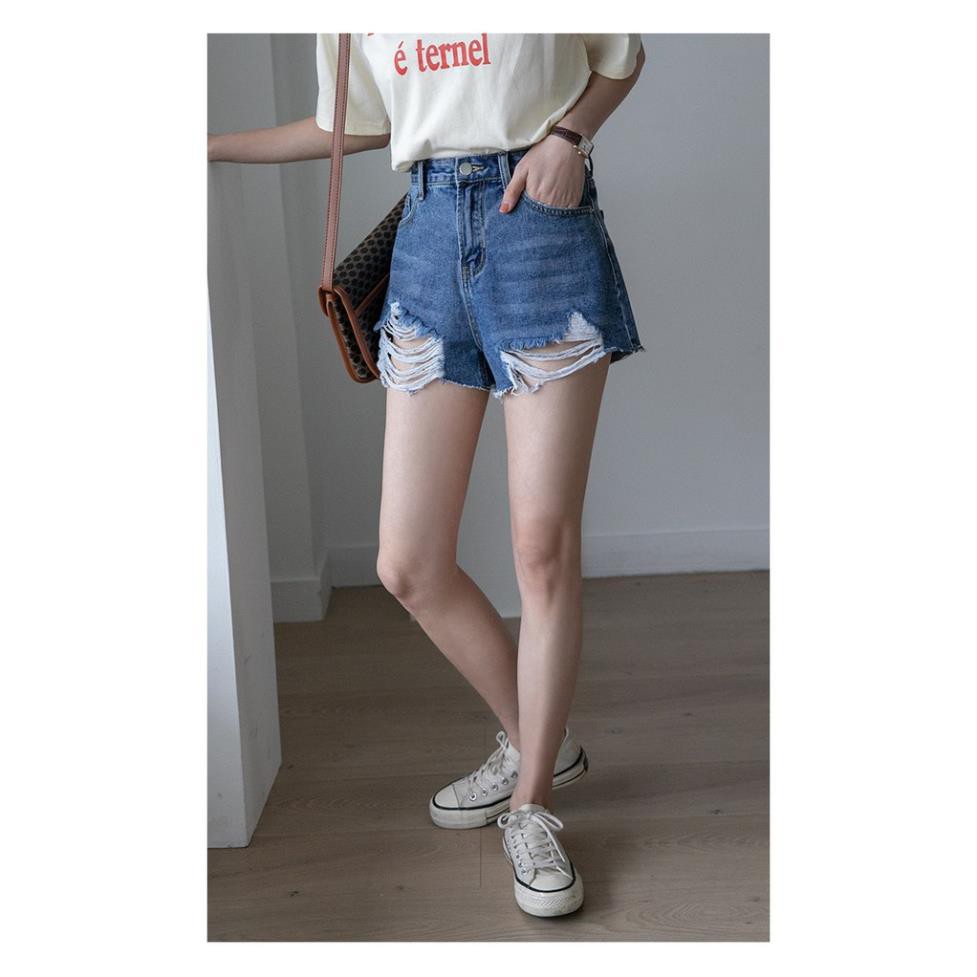 Quần Short Jean Nữ Ống Rộng Lưng Cao Rách Màu Xanh Đậm Ulzzang Hàn Quốc Quần Đùi Bò Cạp Cao Denim Hàn Quốc