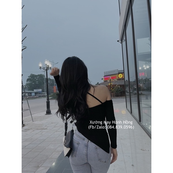 Áo croptop trễ vai sexy, Áo trễ vai len dây đan chéo hàng Quảng Châu