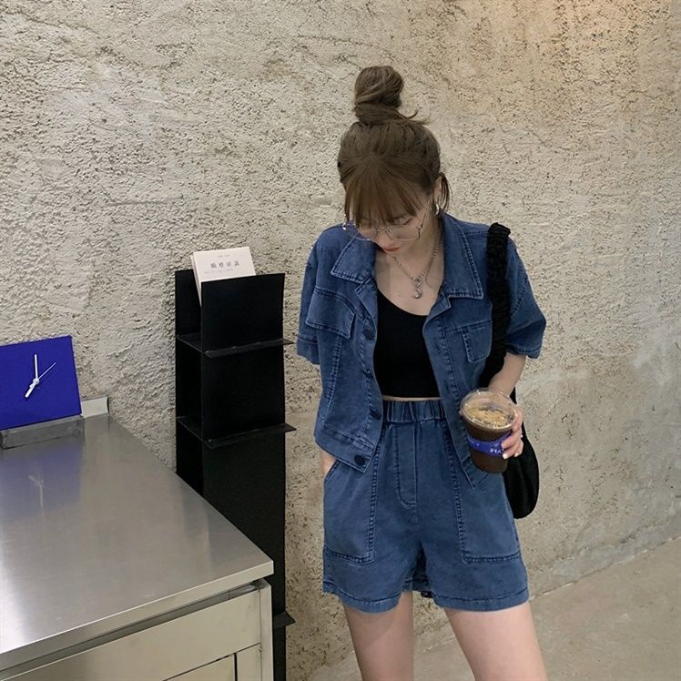 Bộ Áo Khoác Denim Ngắn Tay Dáng Rộng + Quần Short Lưng Cao Thời Trang Hàn Quốc 2022 Dành Cho Nữ