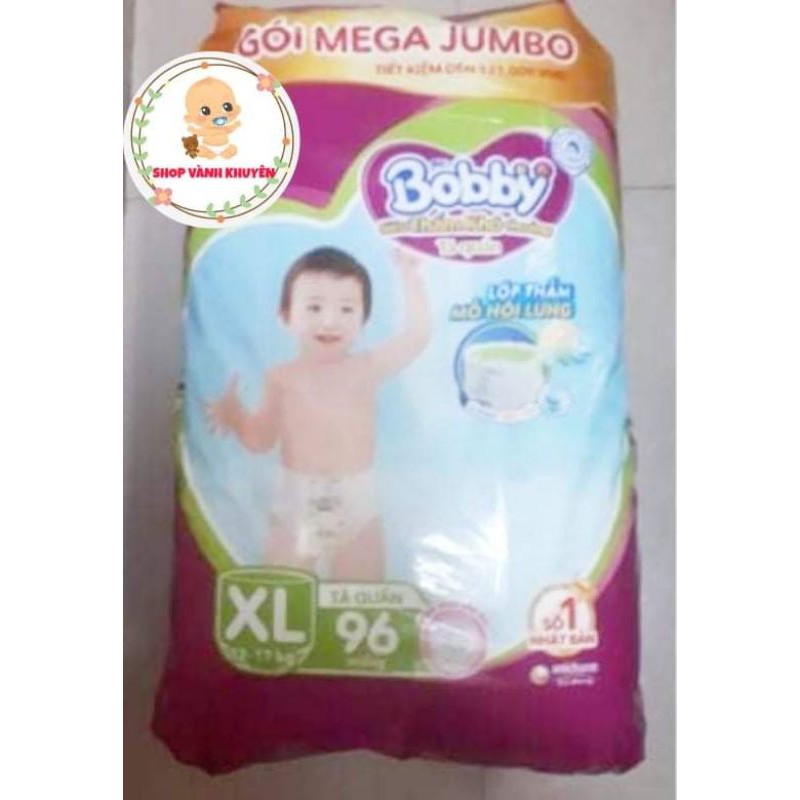 Tã/bỉm quần Bobby gói Mega Jumbo M124+12 miếng/L104+12 miếng/L111