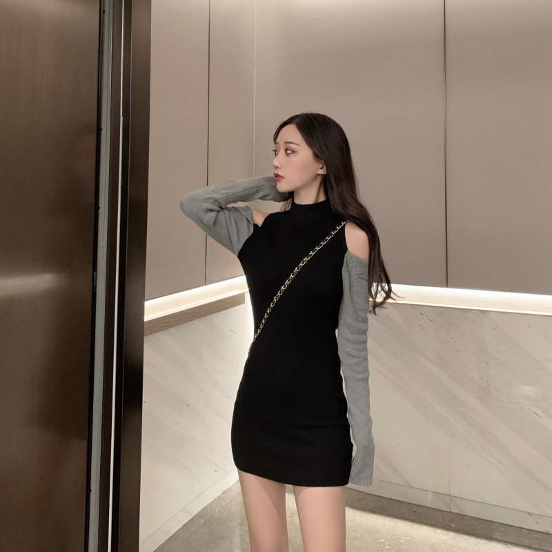 Cocory vn phụ nữ thời trang retro quây cổ tròn mỏng mông dài tay áo dệt kim mini dress