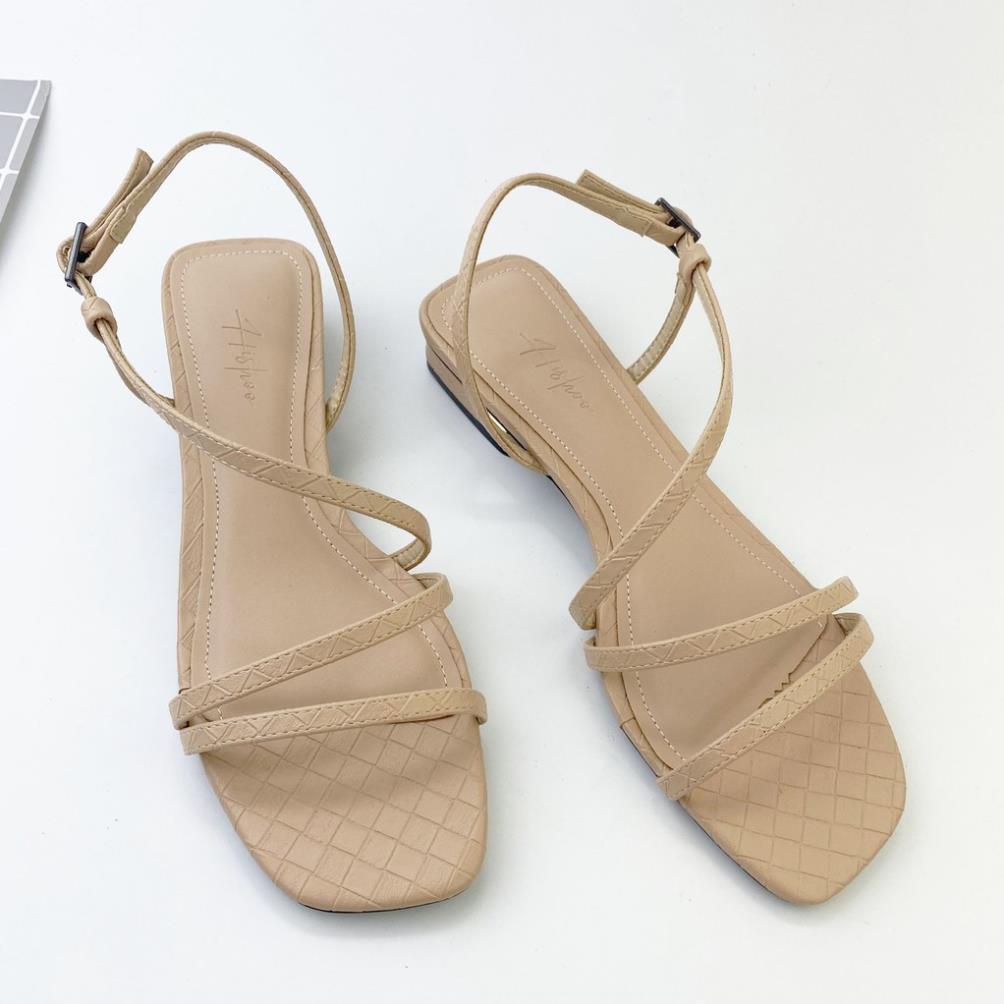HM Sandal cao gót nữ 1,5 phân quai mảnh mũi vuông họa tiết caro 1 cm cao cấp HISHOO màu xanh mint S010