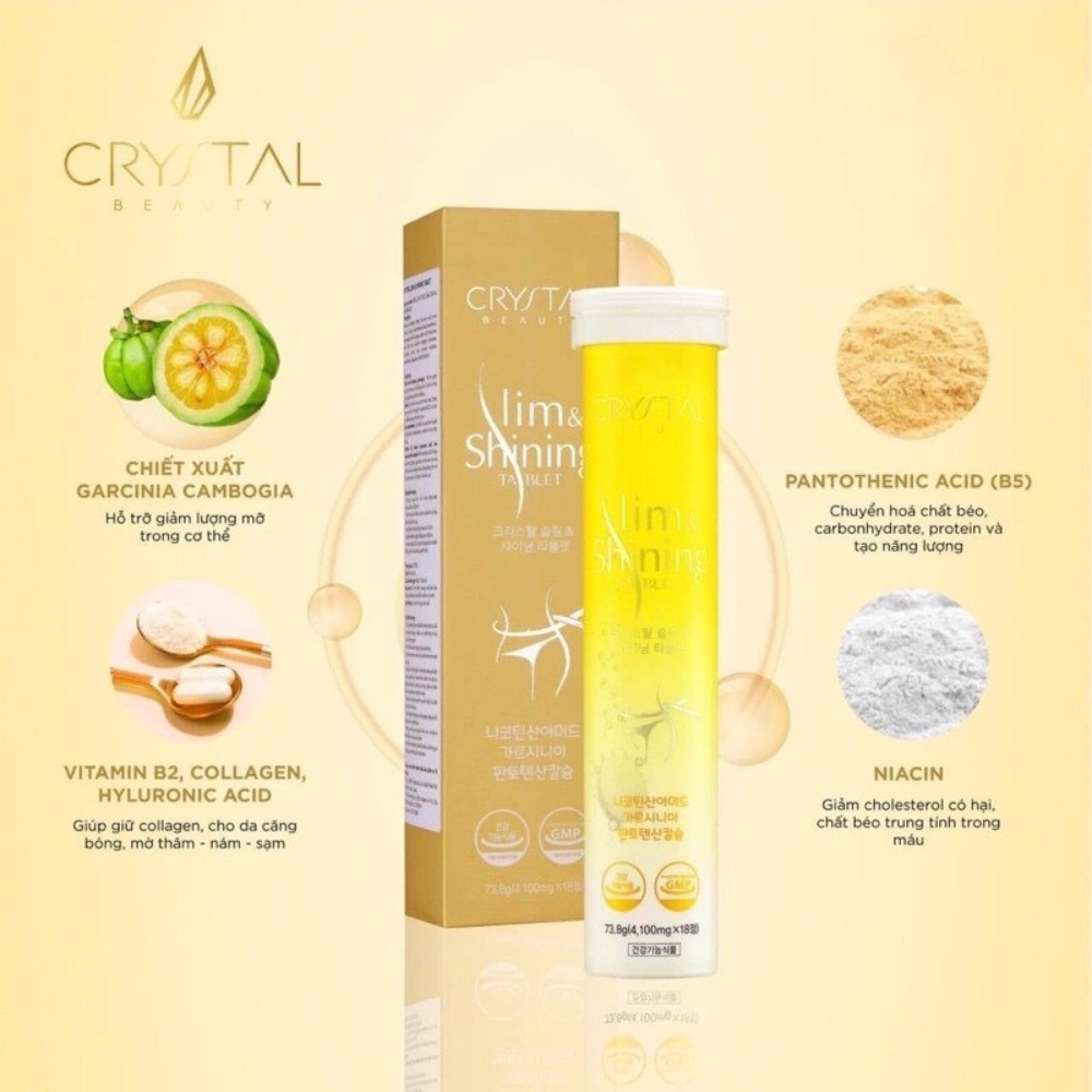 Viên Sủi Crystal Slim Shining Tablets, Giảm Cân, Trắng Da An Toàn Và Hiệu Qủa - Hộp 18 viên [ Chính - Hãng - 100% ]