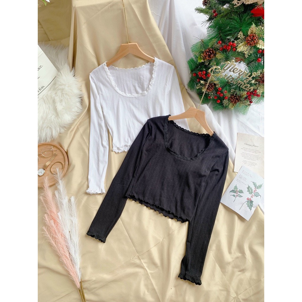 áo croptop thun gân tay dài viền ren cổ xinh hot tôn dáng