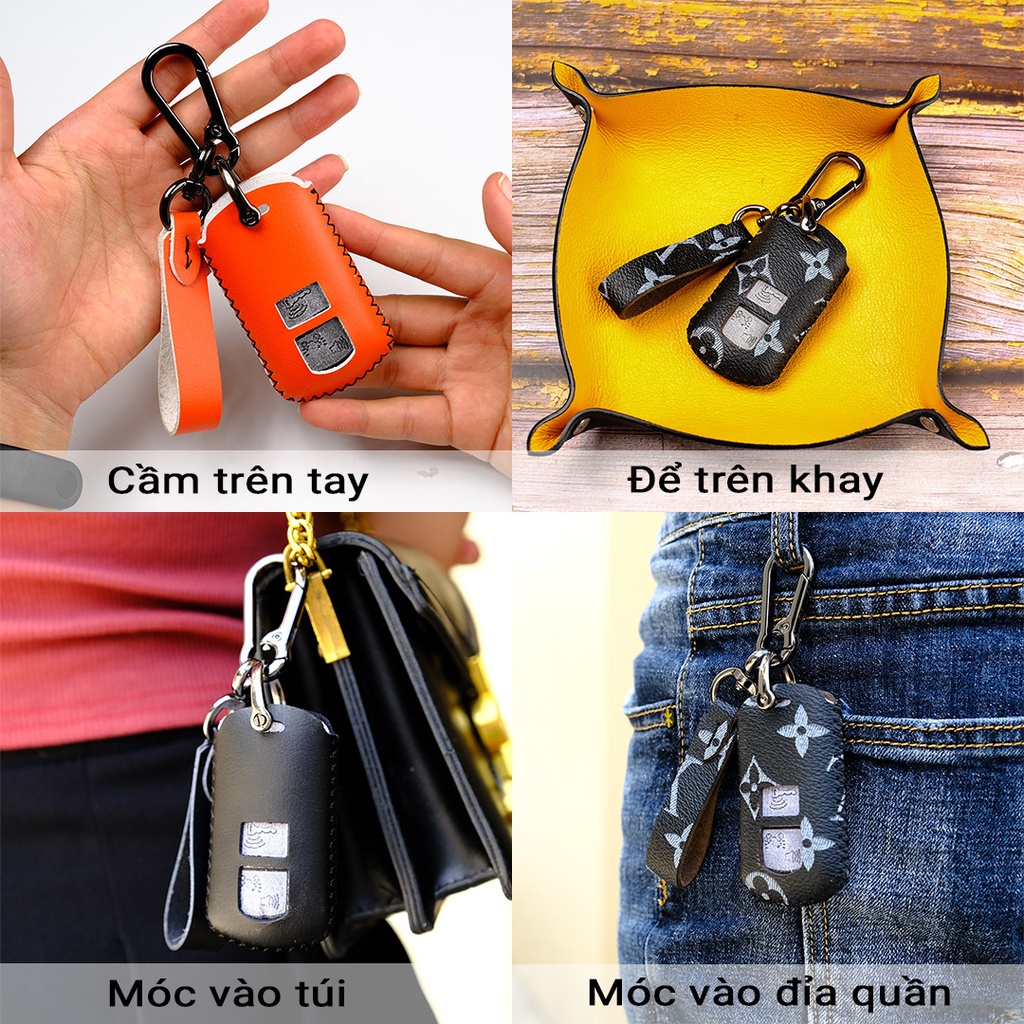 Bao da bọc chìa khóa xe máy Honda Air Blade Vision Lead Vario 150 Scoopy Click mẫu mới khâu tay móc đen AB