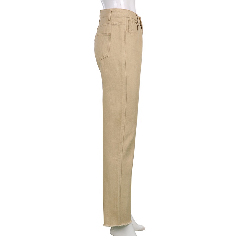 DUNEA Quần denim ống suông lưng cao màu trơn phối túi thời trang cho nữ