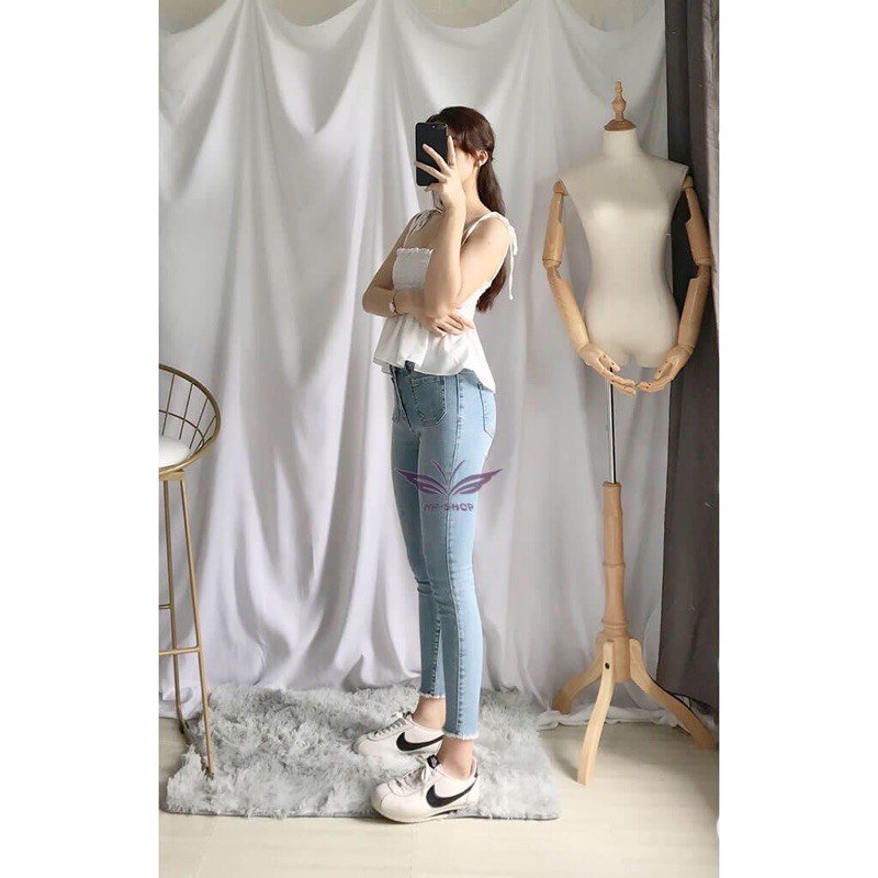 Quần jeans nữ lưng cao co giãn 9 tấc kiểu túi vuông/tua lai