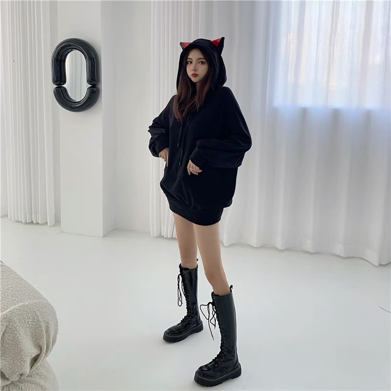 ÁO HOODIE TAI THỎ SUZAHOUSE MÀU ĐEN PHONG CÁCH HÀN QUỐC FORM RỘNG UNISEX Mã HD04