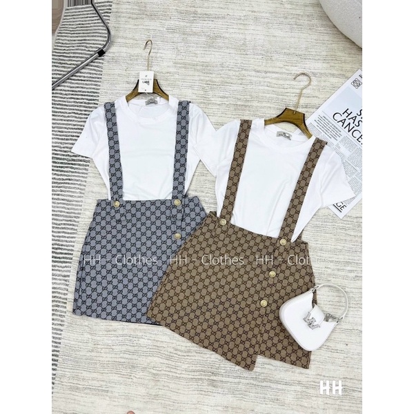 Sét yếm váy thời trang nữ mặc đi chơi chất kaki in gg mix áo trắng trơn cotton