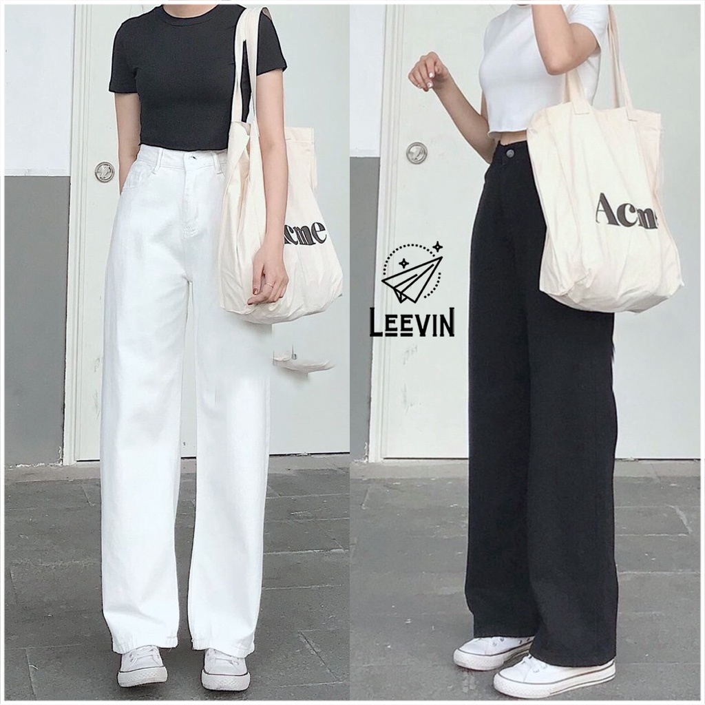 ✥✁✸Quần Jean Nữ Cạp Cao Form Suông Rộng Ulzzang Màu Trắng Và Đen - Kiểu ống lưng Leevin Store