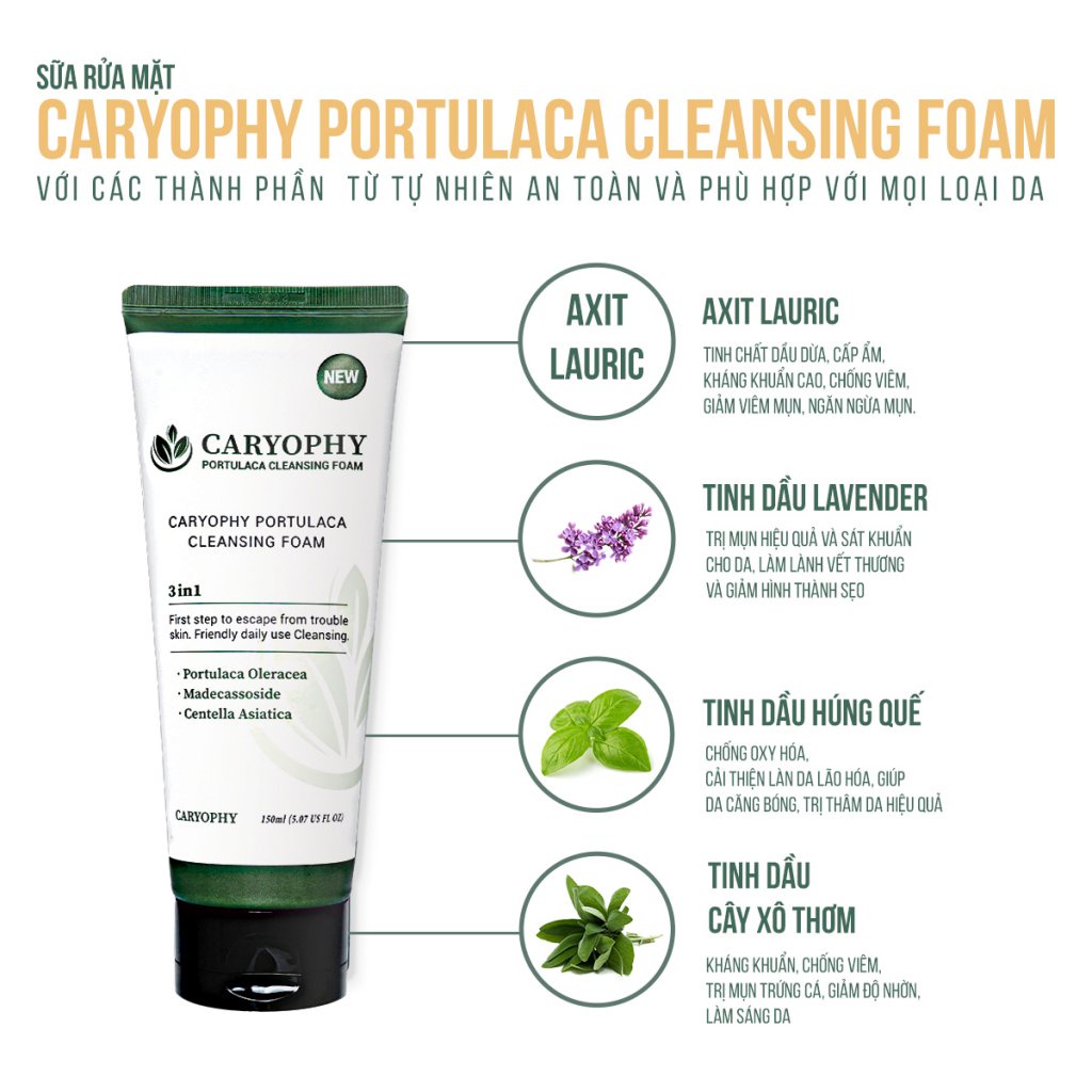 Sữa Rửa Mặt Cho Da Mụn CARYOPHY Portulaca Cleansing Foam 30ml