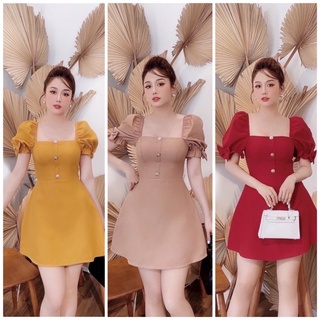 Đầm váy tay phồng cổ vuông 3 màu đi tiệc