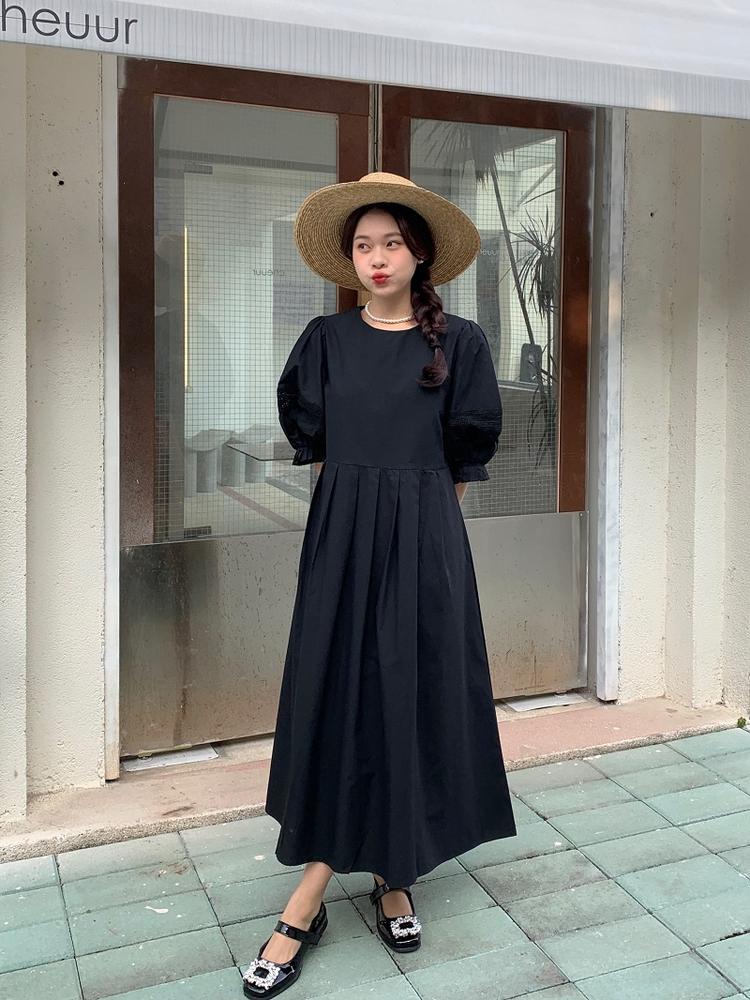 Đầm Dáng Dài Cổ Tròn Tay Phồng Xếp Ly Thời Trang Thanh Lịch 50804