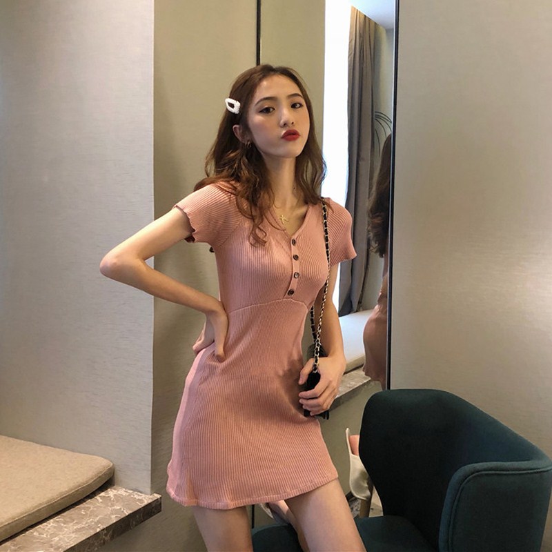 Đầm nữ SUXI màu trơn cổ phối nút phong cách retro thời trang mùa hè