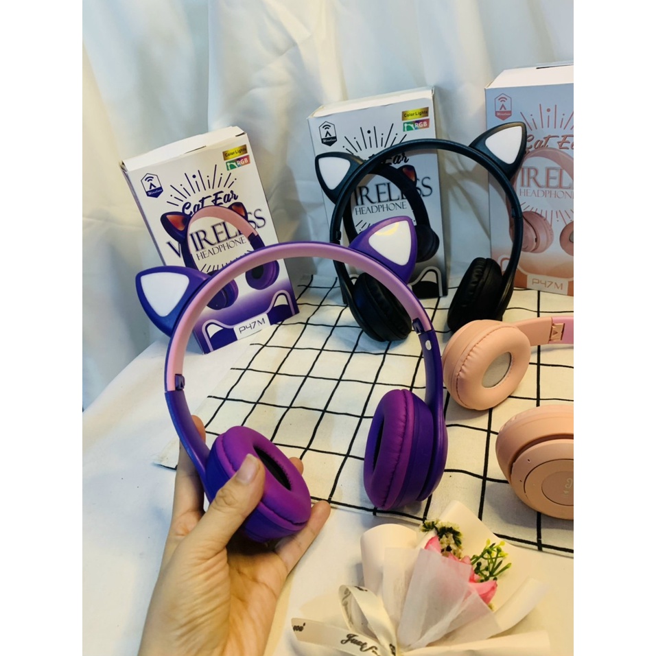 Tai Nghe Chụp tai Mèo Bluetooth P47 ST71 Headphone Dễ Thương Có Mic, Âm Bass Mạnh Mẽ PIN TRÂU tiện lợi