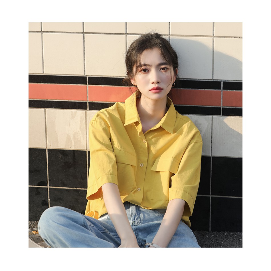 Áo sơ mi nữ form rộng ngắn tay Áo sơ mi nữ màu YUKIBLOOM thời trang hot teen Hàn Quốc