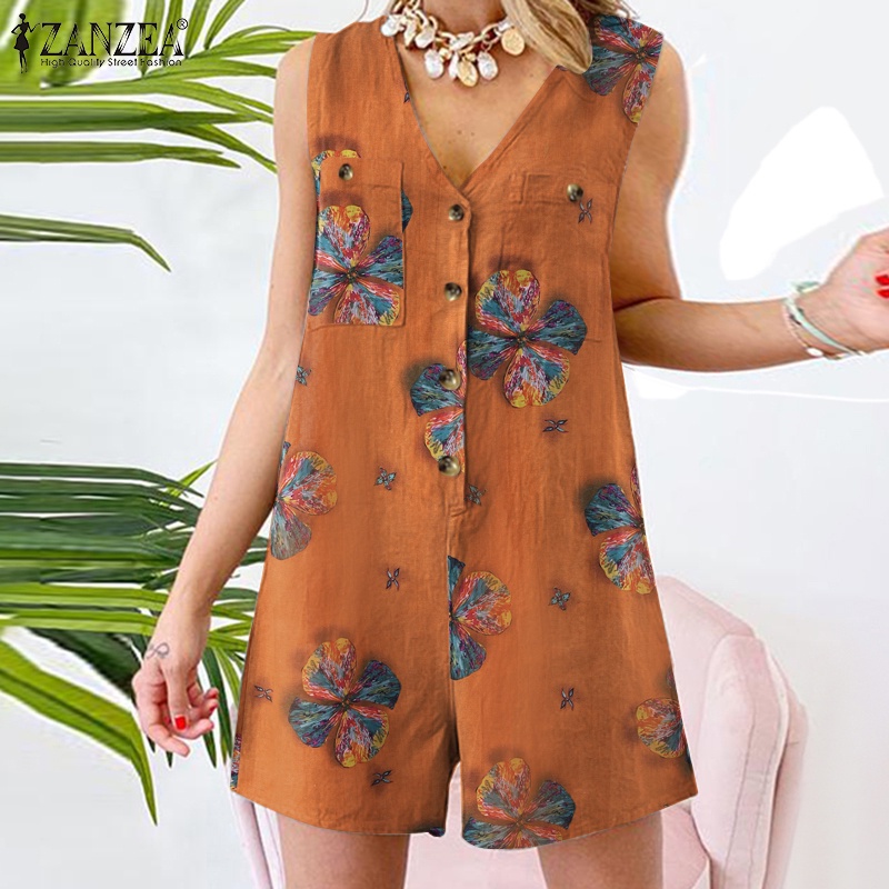 Áo liền quần ZANZEA cổ chữ V không tay có túi phía trước thời trang vintage dành cho nữ