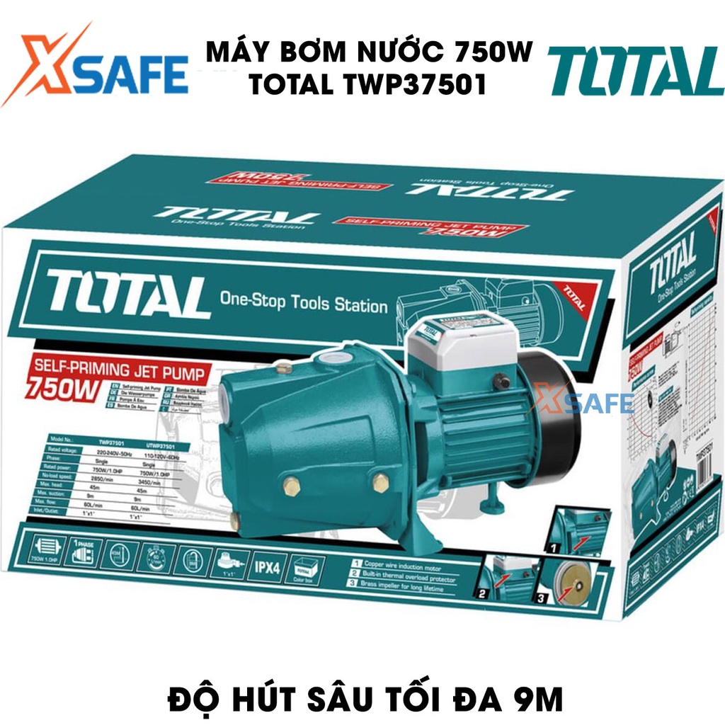 Máy bơm nước 750W TOTAL TWP37501 motor dây đồng Máy bơm nước Total chiều cao bơm tối đa 45m, lưu lượng tối đa 60 lít/ph