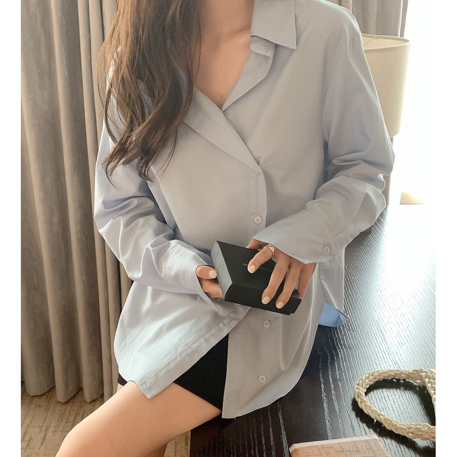 Áo Sơ Mi Tay Dài Cài Nút Bên Hông / Chân Váy Chữ A Lưng Cao Phong Cách Hàn Quốc Hàng Mới 45266