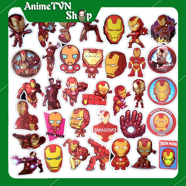 Miếng dán Sticker nhân vật Iron man trọn bộ 50 hình - In rõ ràng sắc nét khó tróc