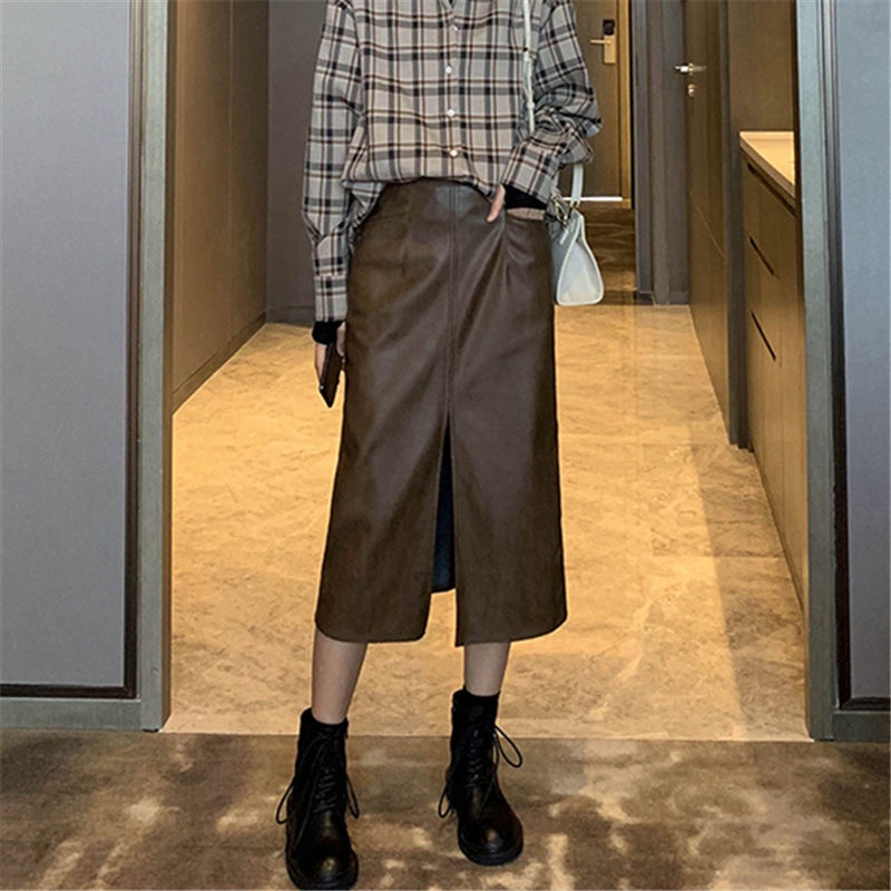 Chân Váy Da PU Lưng Cao Xẻ Tà Thời Trang Thu Đông 2022 Dành Cho Nữ