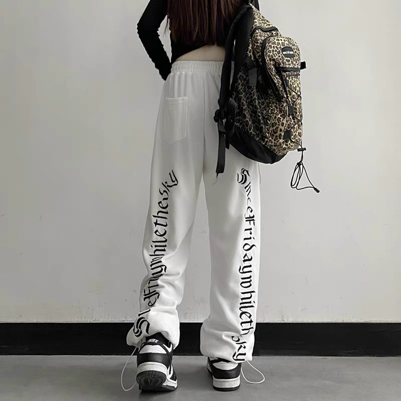 Quần Vải Ống Rộng Unisex Dây Rút Điều Chỉnh Cao Cấp,Quần Xuông Cạp Cao In Hình Chữ Cá Tính