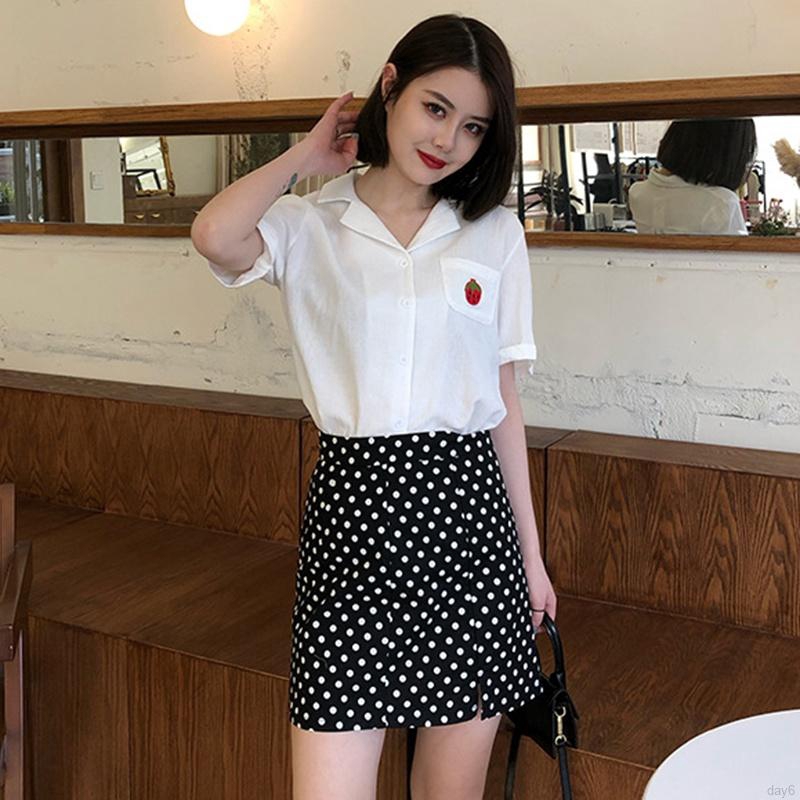 Áo Sơ Mi Nữ Tay Ngắn Có Cổ Thêu Hình Trái Cây Thời Trang