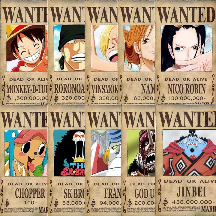 Bộ 10 tấm truy nã băng Mũ rơm - onepiece wanted poster size A4, A5, A6 mỏng