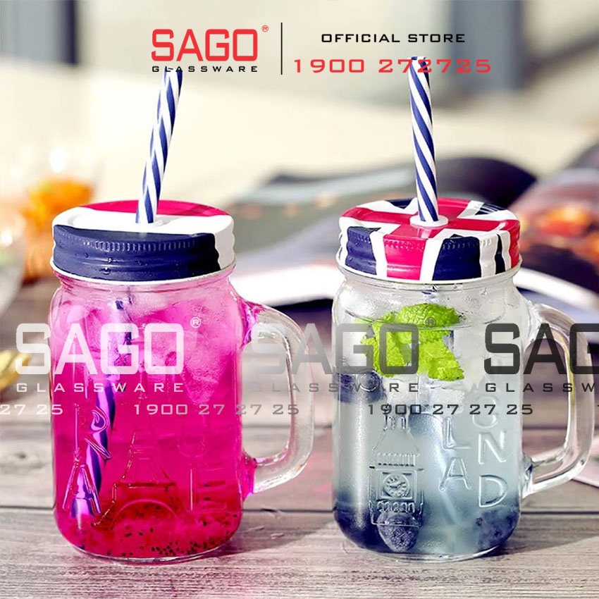 Ly Thủy Tinh Có Quai Deli France 490ml | HMS001 Kèm Nắp Và ống hút , Thủy Tinh Cao Cấp