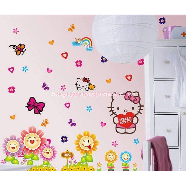 decal dán tường combo kiity và hàng rào hoa