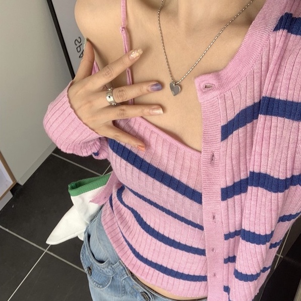 Set áo cardigan tay dài + áo hai dây ZHELIHANGFEI dệt kim họa tiết kẻ sọc gợi cảm dễ phối đồ cho nữ