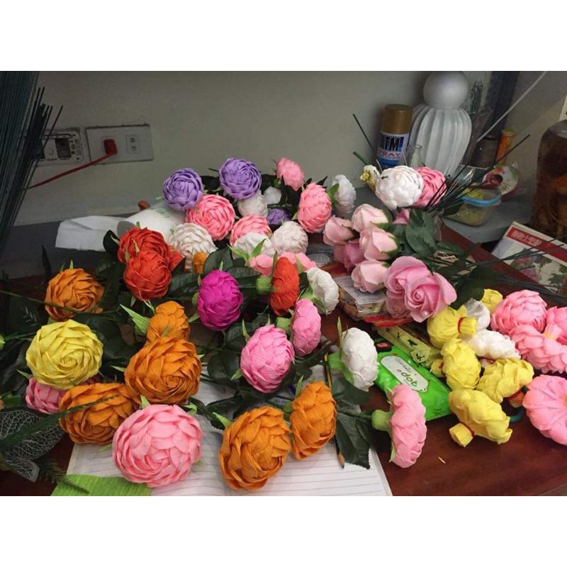 Đầu bông hoa hồng xoắn giấy nhún BÁN TỪ 4 BÔNG