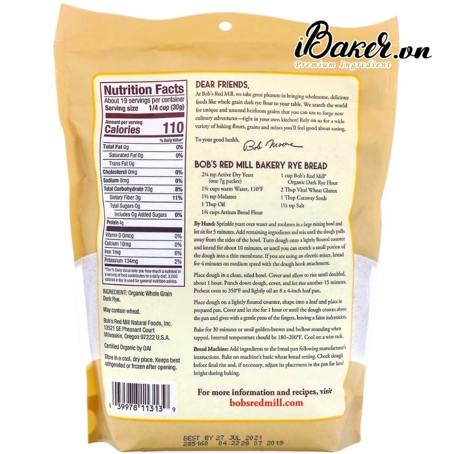 [Bob's Red Mill] Bột Mì (Lúa Mạch) Đen Hữu Cơ 567g