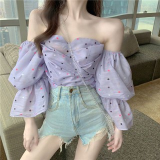 Áo ống hở vai trễ vai tay dài phồng bong bóng gợi cảm chấm bi tím ulzzang