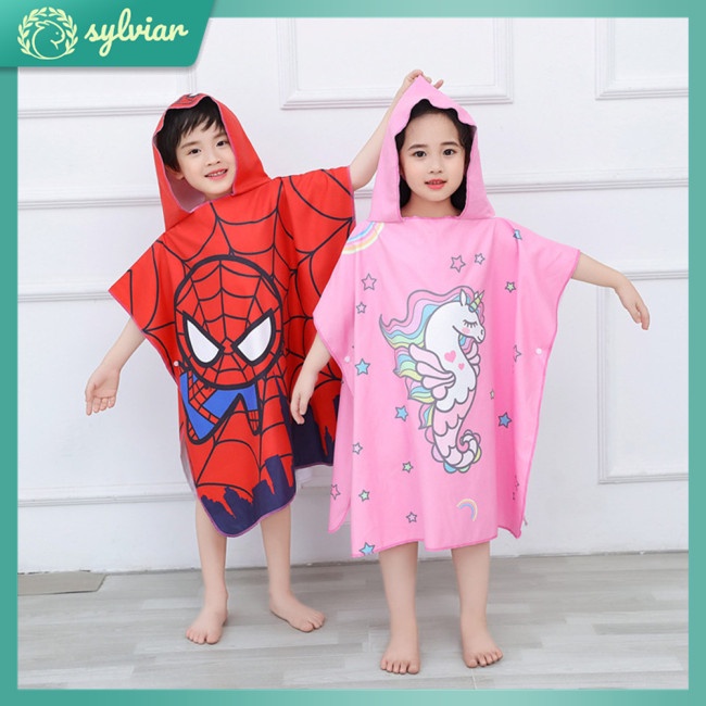 Khăn Choàng Tắm Có Mũ Trùm Đầu Mau Khô Họa Tiết Hoạt Hình Dành Cho Bé 0-12 Tuổi